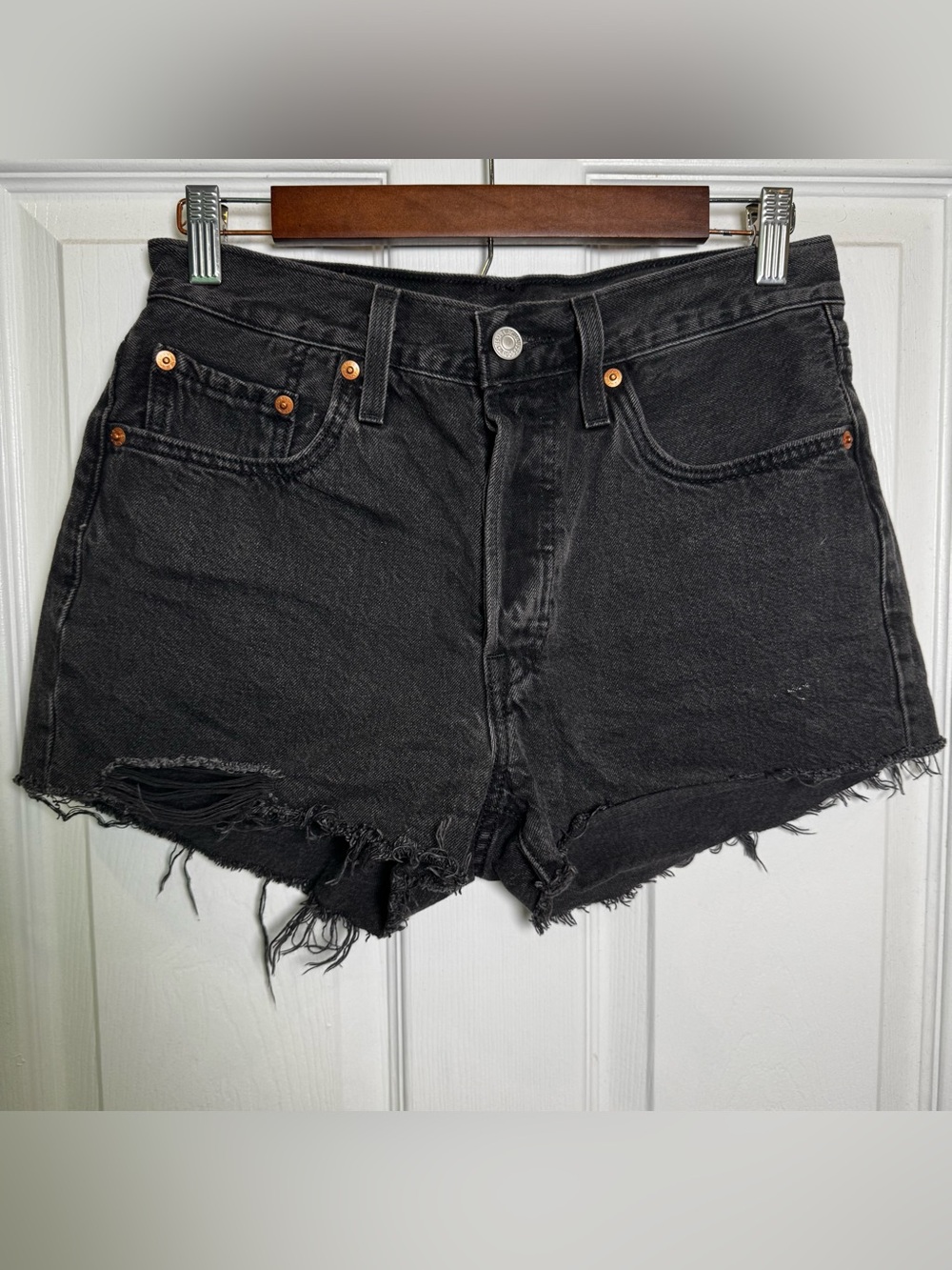 Levi’s 501 Black Distressed Cutoff Denim Shorts W27 High Rise Jorts